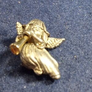 Silvertone Angel Brooch with Trumpet Vintage
